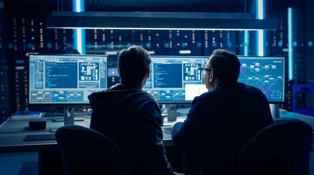 Two men looking at data in monitors